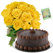 Plenty of Love - 15 Yellow Roses Bunch, 1/2 KgChocolate Cake + Card