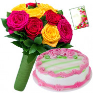 Noticeable Treat - 15 Mix Roses Bunch, 1/2 Kg Strawberry Cake + Card
