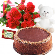 Grand Gifts - 10 Red Roses, 1/2 Kg Chocolate Cake, Teddy Bear 6 inch + Card