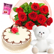 Good Stock - 10 Red Roses Bunch, 1/2 Kg Cake, Teddy Bear 6 inch + Card