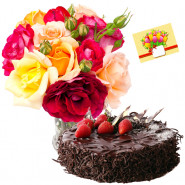 Warmth of Joy - 10 Mixed Roses in Vase, 1/2 Kg Chocolate Cake + Card