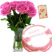 Handsome Treat - 10 Pink Roses Vase, 1/2 Kg Cake + Card