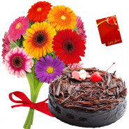 Adorable Joy - 10 Mix Gerberas Bunch, 1/2 Kg Chocolate Cake + Card
