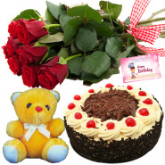 Desire of Love - 10 Red Roses Bunch, 1/2 Kg Black Forest Cake, Teddy Bear 8 inch + Card