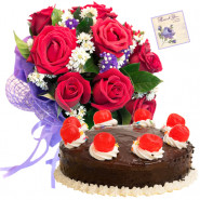 Compassionate Love - 10 Red Roses Bunch, 1/2 Kg Chocolate Cake + Card