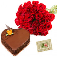 Caring Love - 30 Red Roses Bunch, 1.5 Kg Chocolate Cake Heart Shape + Card