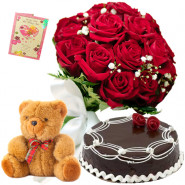 Regards of Joy - 10 Red Roses Bunch, 1/2 Kg Chocolate Cake, Teddy Bear 6 inch + Card