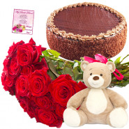 Kindness - 12 Red Roses Bunch, 1/2 Kg Chocolate Cake, Teddy Bear 6 inch + Card