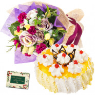 Relationship - 15 Mix Flowers Bunch, 1/2 Kg Pineapple Cake + Card