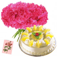 Inclined to Joy - 25 Pink Carnations Bunch, 1 Kg Pineapple Cake + Card