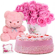 Addicted to You - 15 Pink Roses in Vase, 1/2 Kg Strawberry Cake, Teddy Bear 6 inch + Card