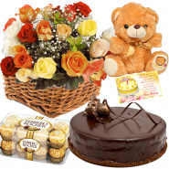 Liking You - 20 Mix Roses arranged in a Basket, 1/2 Kg Chocolate Cake, Teddy Bear 6 inch, Ferrero Rocher 16 Pcs + Card