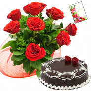 Mix of Joy - 12 Red Roses Bunch, 1 Kg Chocolate Cake + Card