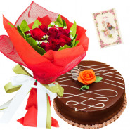 Full of Smiles - 10 Red Roses Bunch, 1 Kg Chocolate Cake + Card