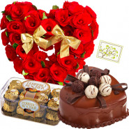 Pretty Gift - Heart Shaped Arrangements 50 Red Roses, 1.5 kg Chocolate Cake Heart Shape, Ferrero Rocher 16 pcs + Card