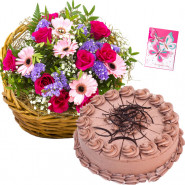 Superb Present - 25 Mix Flowers in Basket, 1/2 Kg Cake + Card