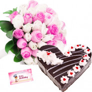 Admirable Gesture - 18 Pink and White Roses Bunch, 1 Kg Black Forest Cake Heart Shape + Card