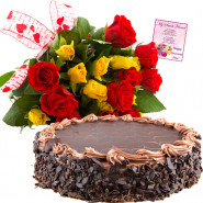 Beauteous Gifts - 15 Yellow and Red Roses Bunch, 1/2 Kg Cake + Card