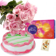 Classy Choice - 10 Pink Roses, 1/2 Kg Strawberry Cake, Cadbury Celebration + Card