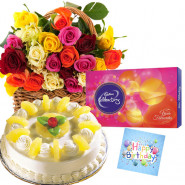 Fair Deal - 25 Mix Roses in Basket, 1/2 Kg Cake, Cadbury Celebration + Card