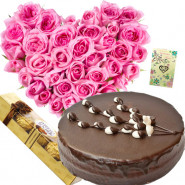 Ideal Joy - Heart Shaped Arrangements 50 Pink Roses, 1/2 Kg Chocolate Cake, Ferrero Rocher 4 pcs + Card