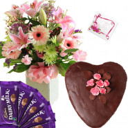 Excellent Choice - 15 Mix Pink Flowers in Vase, 1 kg Chocolate Cake Heart shape, 5 Dairy Milk + Card