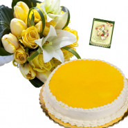 Ravishing Treat - 15 White and Yellow Flowers, 1/2 Kg Pineapple Cake + Card