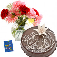 Awesome Gifts - 12 Mix Carnation in Vase, 1/2 Kg Chocolate Cake + Card