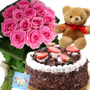 Marvelous Mix - 12 Pink Roses, 1/2 Kg Cake, Teddy Bear 6 inch + Card