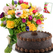 Miraculous Joy - 15 Mix Flowers, 1/2 Kg Chocolate Cake + Card
