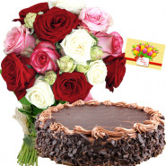 Breathtaking Delight - 20 Mix Roses, 1/2 Kg Chocolate Cake + Card