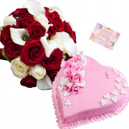 Exciting Mix - 12 Red and White Flowers, 1.5 Kg  Strawberry Cake Heart Shape + Card