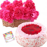 Unique Present - 20 Pink Carnation in Basket, 1/2 Kg Strawberry Cake + Card