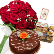 Unusual Thought - 10 Red Roses, 1/2 Kg Chocolate Cake, Ferrero Rocher 16 pcs + Card