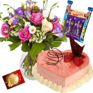 Terrific Choice - 15 Mix Flowers in Vase, 1 Kg Heart Shaped Cake, 5 Assorted Bars + Card