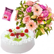 Ace Combo - 15 Pink Seasonal Flowers Bunch, 1/2 Kg Strawberry Cake + Card