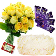 Great Joy of Happiness - 12 Yellow Roses in Bunch, 1/2 Kg Cake, 5 Dairy Milk + Card