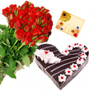 Stupendous Gift - 50 Red Roses, 1 Kg Black Forest Cake Heart Shape + Card