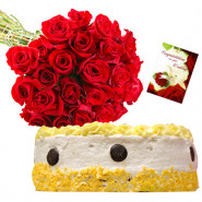 Irresistible Treat - 25 Red Roses Bunch, 1/2 Kg Pineapple Cake + Card
