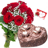 Arresting Feelings - 10 Red Roses Bunch, 1.5 Kg Chocolate Cake Heart Shape + Card