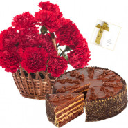Charismatic Combo - 12 Red Carnations Basket, 1/2 Kg Chocolate Cake + Card