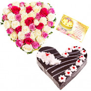 Enchanted By Joy - 40 Red, Pink and White Roses Heart Shape Arrangement, 1.5 Kg Black Forest Cake Heart Shape + Card