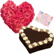 Mesmerizing Mix - 30 Pink Roses Heart Shape Arrangement, 1.5 Kg Chocolate Cake Heart Shape + Card