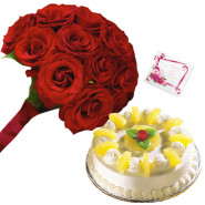 Driving Happiness - 15 Red Roses Bunch, 1/2 Kg Cake + Card