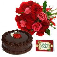 Sparkling Happy - 16 Red and Pink Roses Bunch, 1/2 Kg Cake + Card