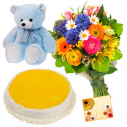 Pleasing Gift - 15 Red Flowers Bunch, 1/2 Kg Pineapple Cake, Teddy Bear 6 inch + Card