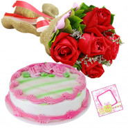 Pure Love - 10 Red Roses Bunch, 1/2 Kg Strawberry Cake + Card