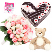 Sweet Innocence - 15 Pink and White Roses Bunch, 1/2 Kg Black Forest Cake, Teddy Bear 6 inch + Card