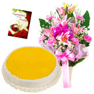 Winning your Heart - 15 Pink Mix Flowers Vase, 1/2 Kg Pineapple Cake + Card