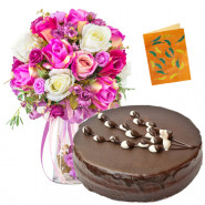 Prestigious Treat - 20 Pink and White Roses in Vase, 1/2 Kg Chocolate Cake + Card
